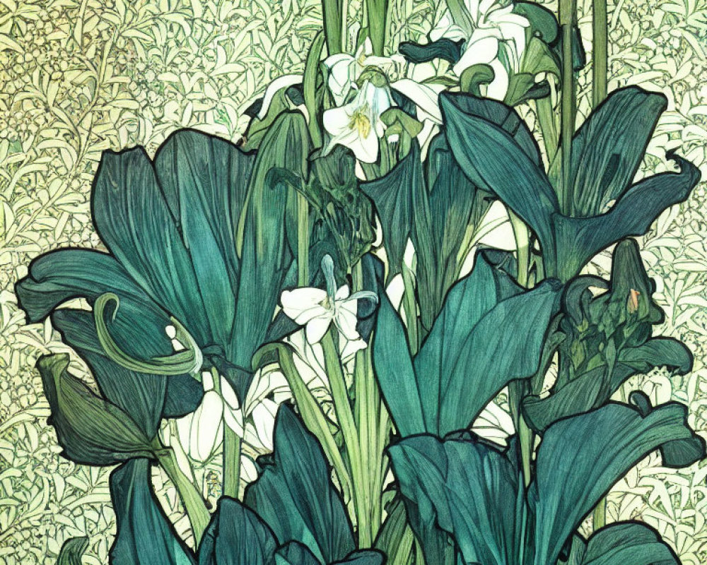 Art Nouveau style illustration of white flowers on green leaves against patterned background