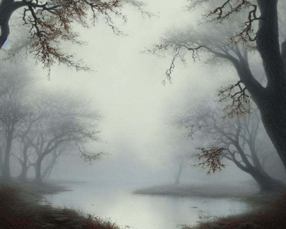 Misty landscape with bare trees reflecting on tranquil river