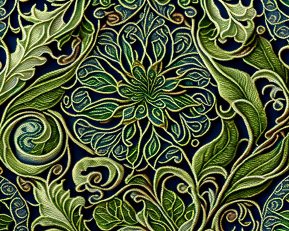 Gold and Green Embroidered Floral Pattern on Dark-Blue Background