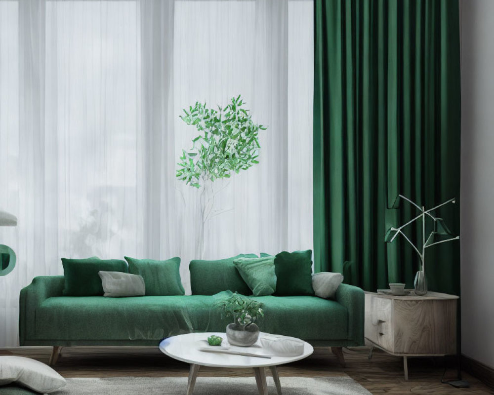 Green sofa, white coffee table, sideboard, and plant decoration in modern living room