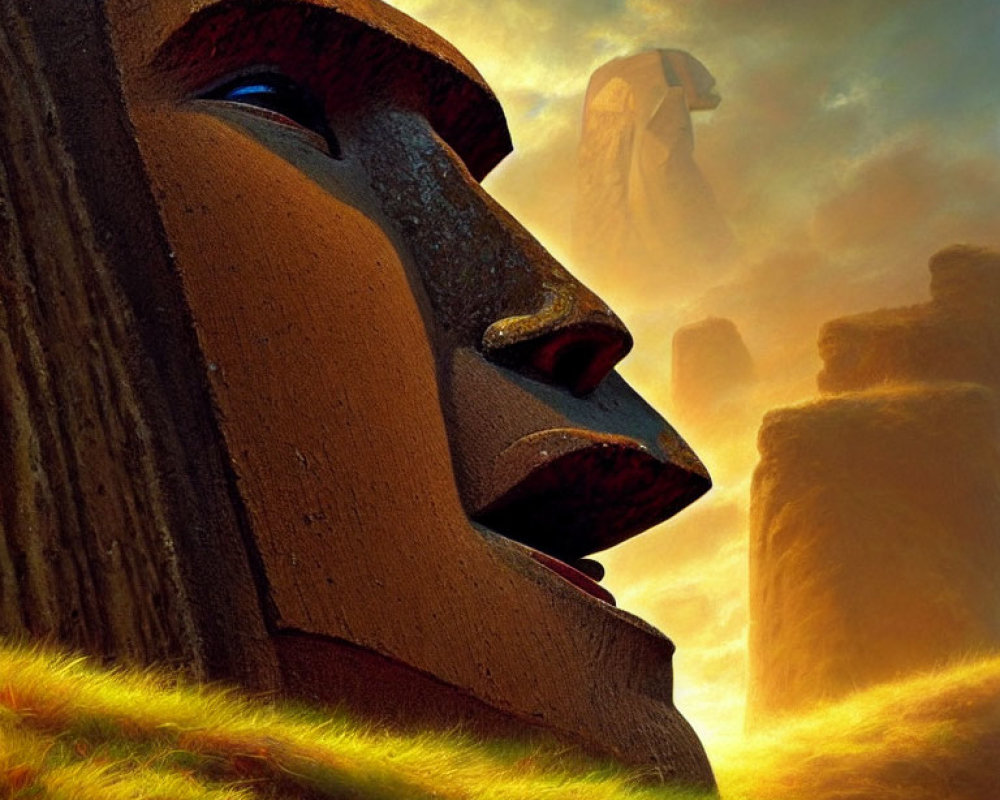 Colossal Stone Face with Golden Sky Background