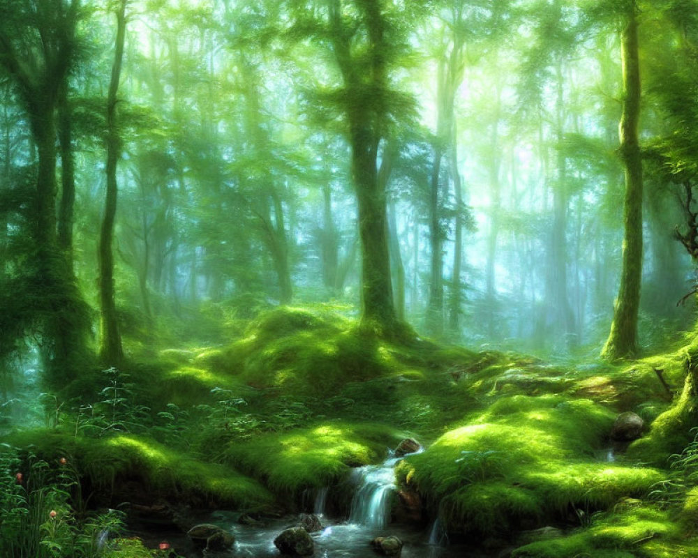 Tranquil Forest Landscape with Sunlight and Moss