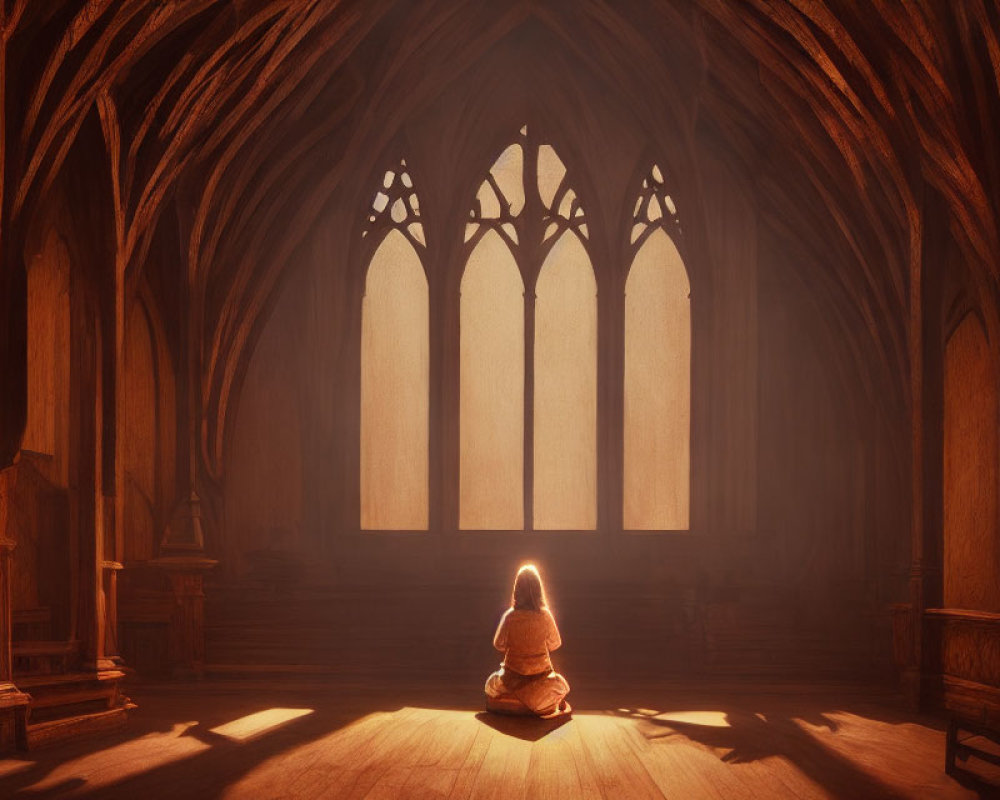 Person sitting in sunlit gothic-style wooden hall with tall arched windows