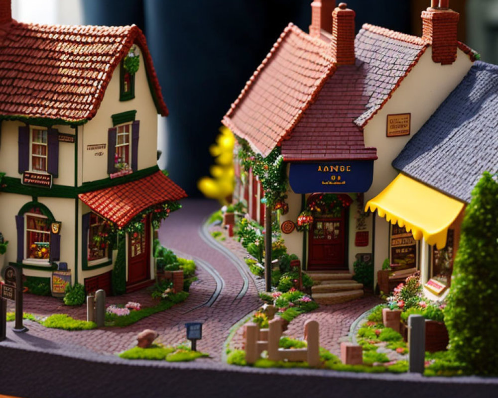Detailed miniature village scene with cobblestone path, small dog, and blue jeans backdrop.