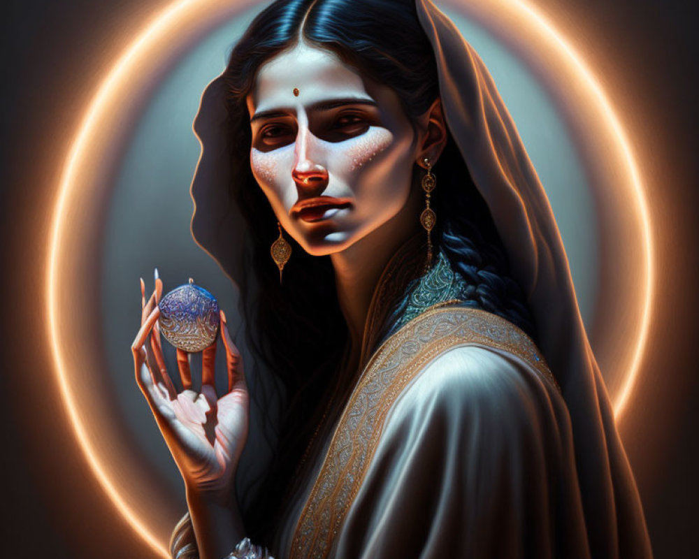 Dark-haired woman in traditional attire holds glowing orb with luminous halo.