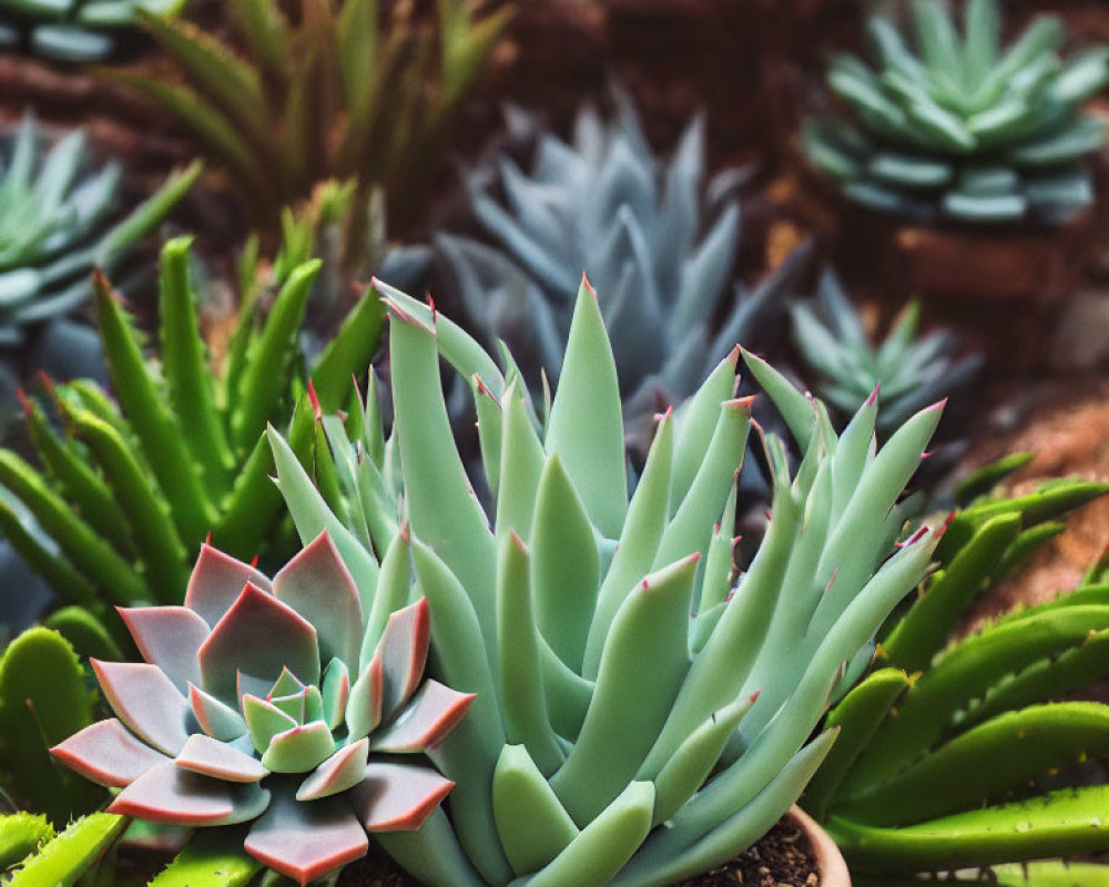 Close-Up of Pointed Blue-Green Succulent Among Other Green Succulents