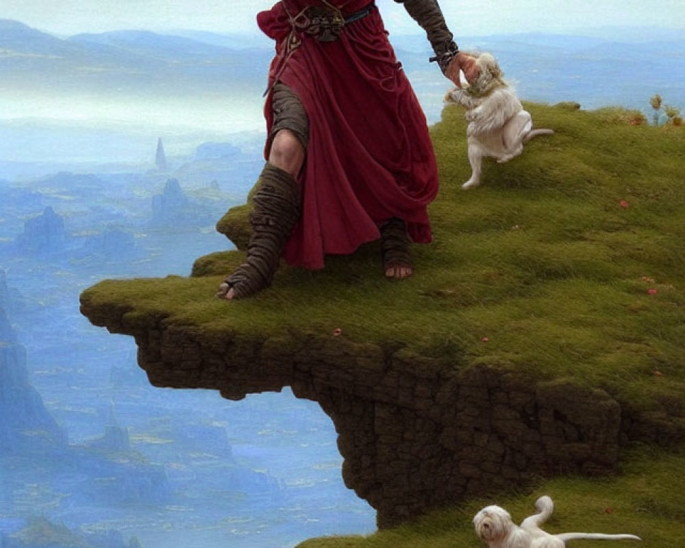 Medieval man with dogs on cliff overlooking serene landscape