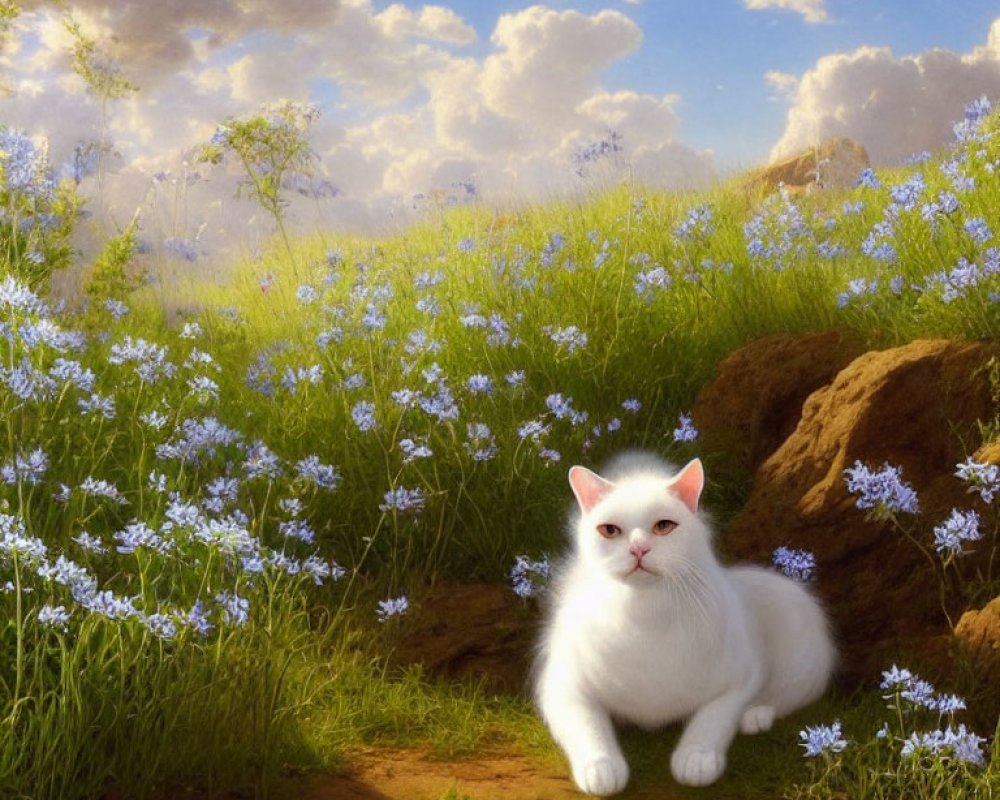 White Cat with Bright Eyes Among Blue Flowers in Sunlit Landscape