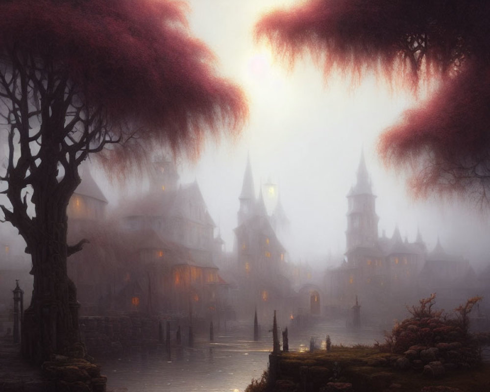 Enchanting foggy village at dusk with glowing lights and red foliage