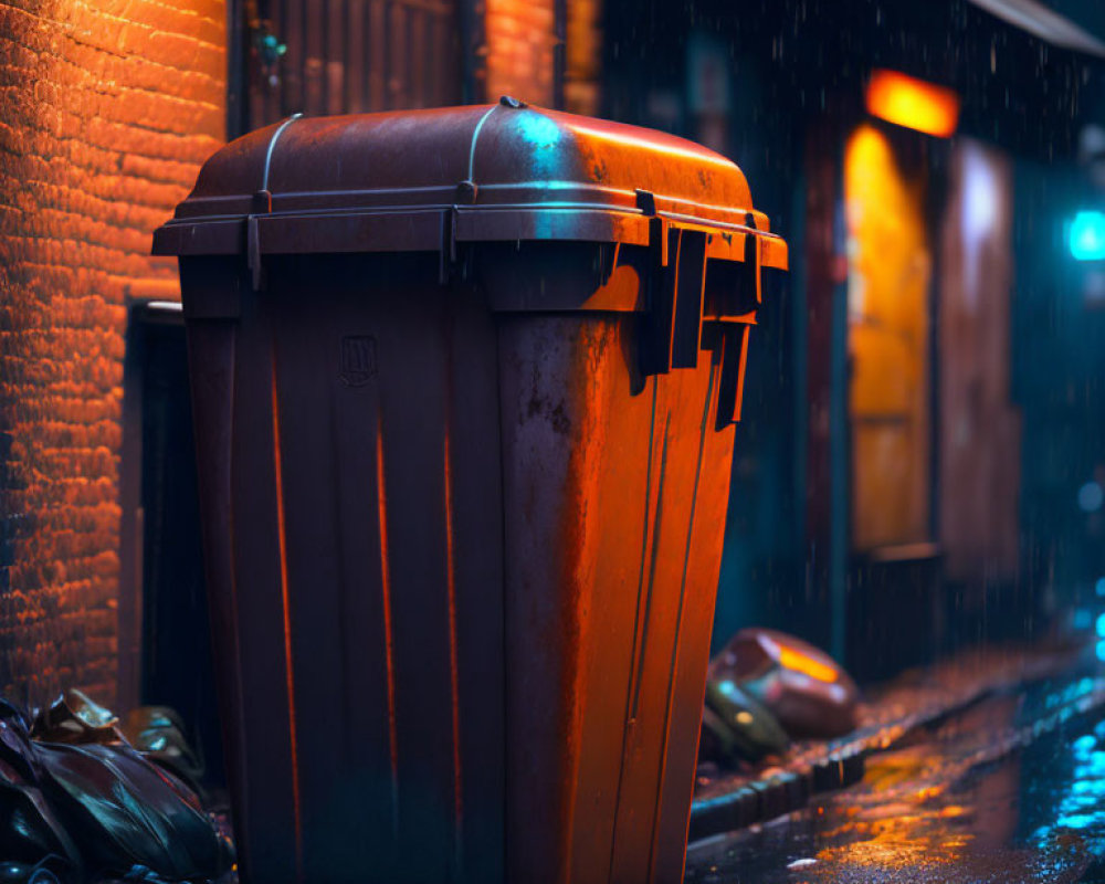 Rusty dumpster on rainy cobblestone street at night