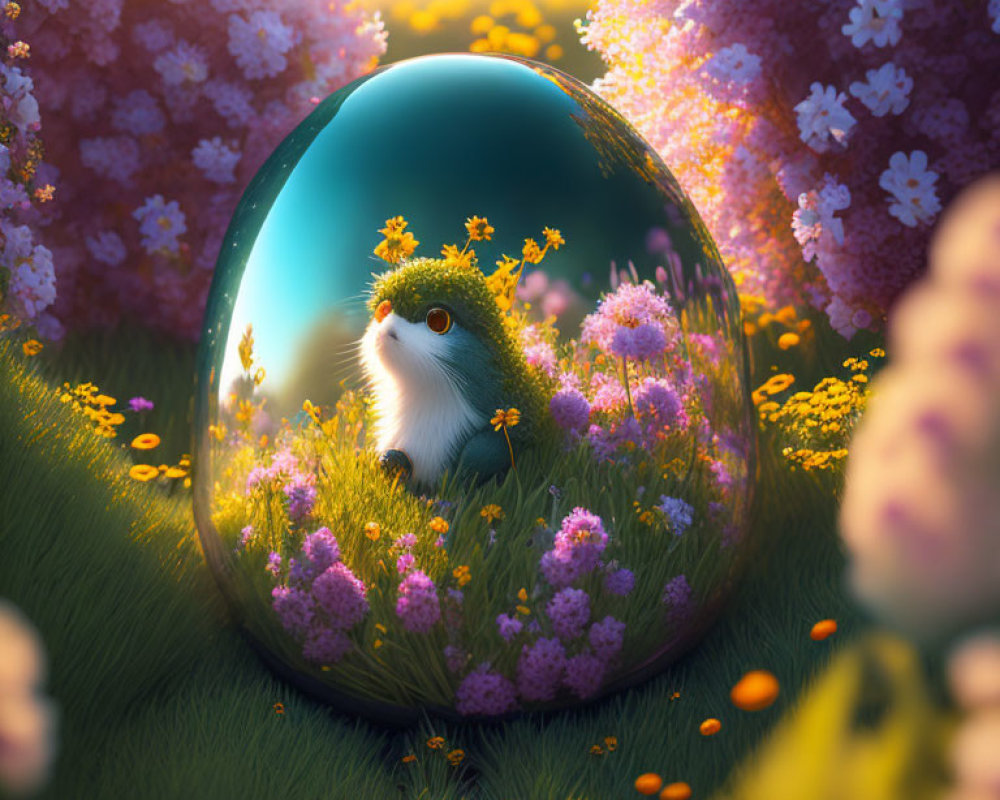 Fluffy animal in transparent egg surrounded by vibrant flowers in fantasy garden