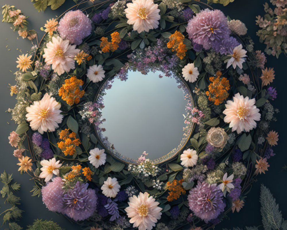 Circular Mirror with Ornate Frame Surrounded by Colorful Flowers