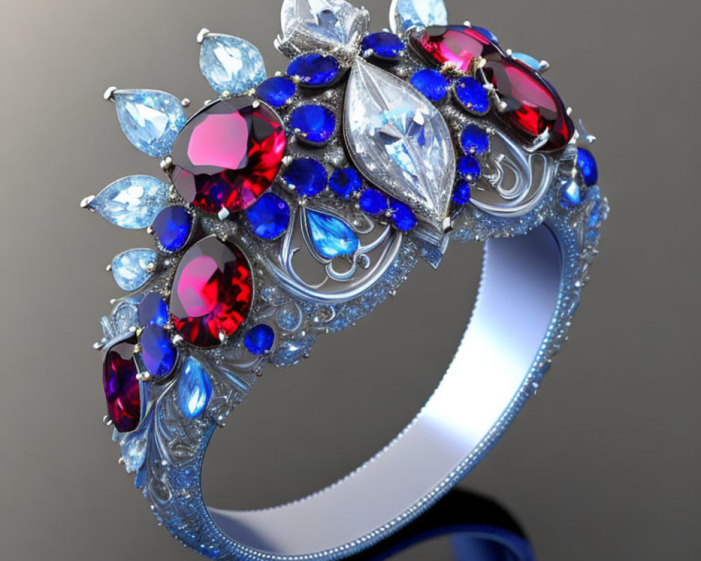 Silver Ring with Red, Blue, and Clear Gemstones and Filigree Detailing