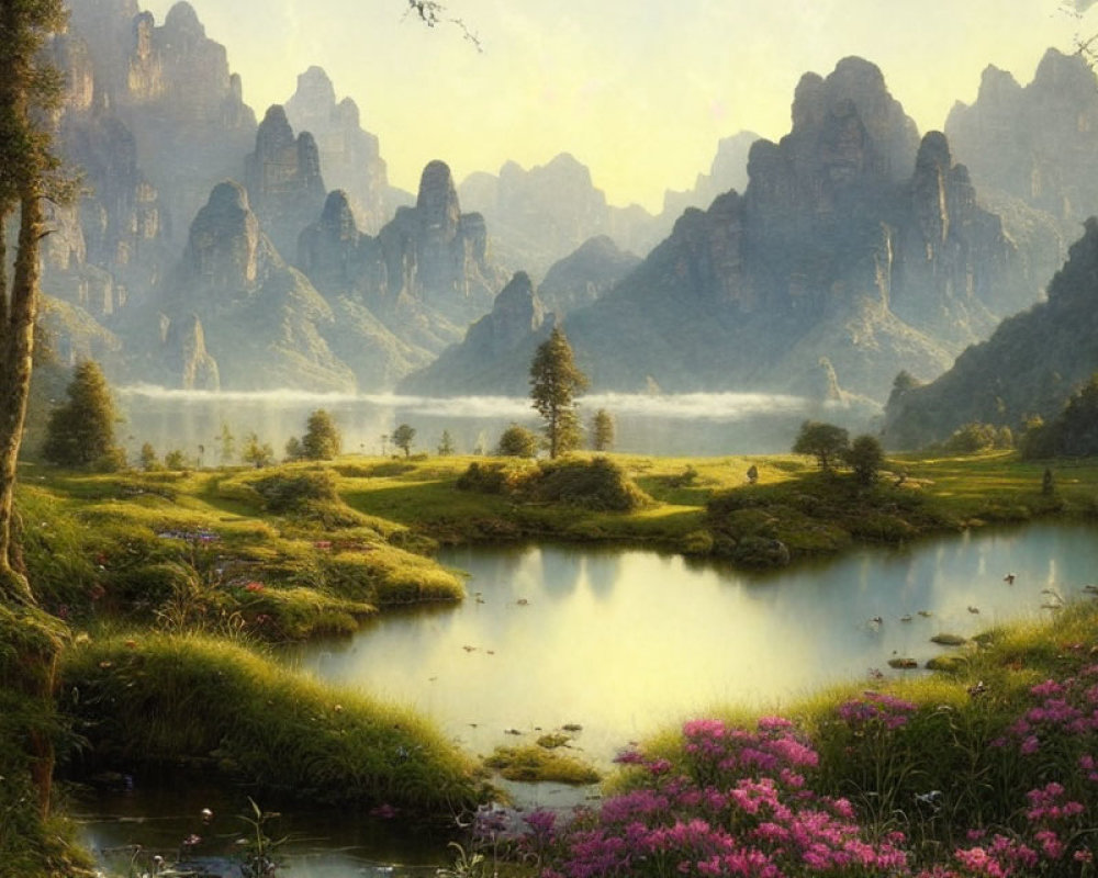 Tranquil landscape with misty mountains, reflective lake, greenery, and pink flowers