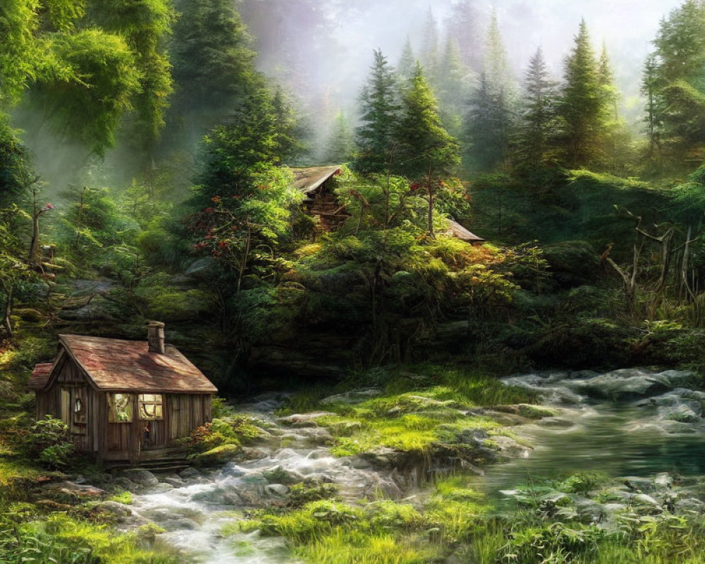 Tranquil forest scene with stream, cabins, and lush greenery