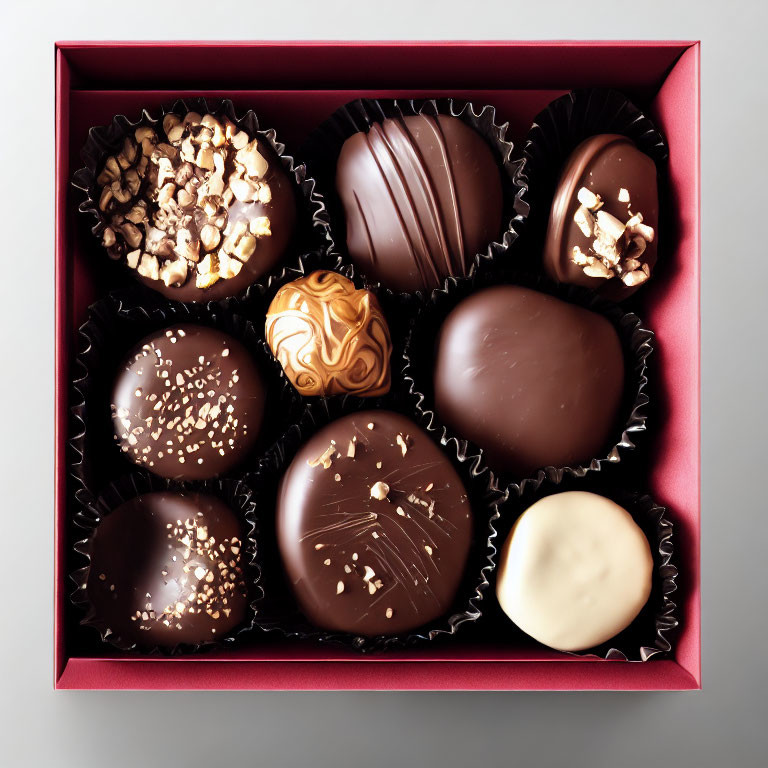 Assorted Gourmet Chocolates with Various Toppings in Red Gift Box