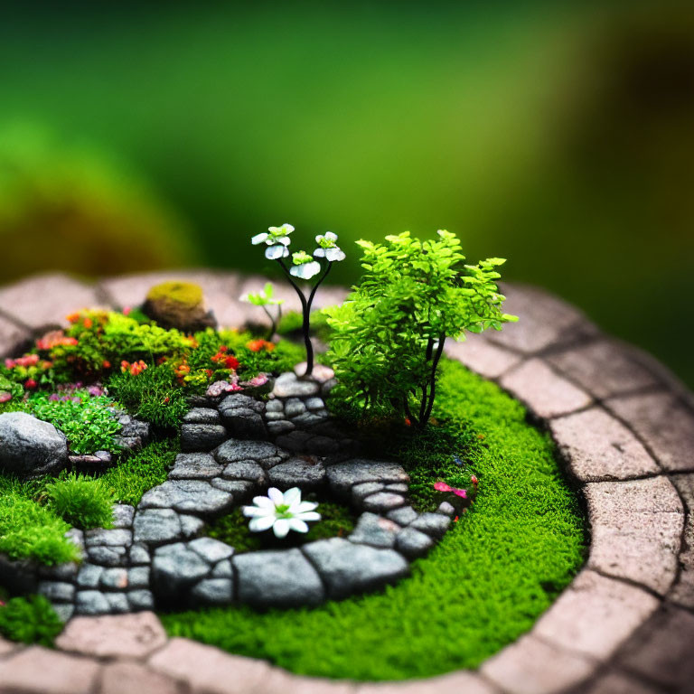 Colorful Miniature Garden with Stone Path on Circular Base