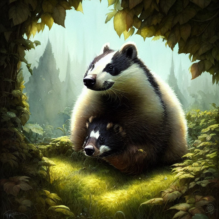 Tranquil illustration of two badgers in lush greenery