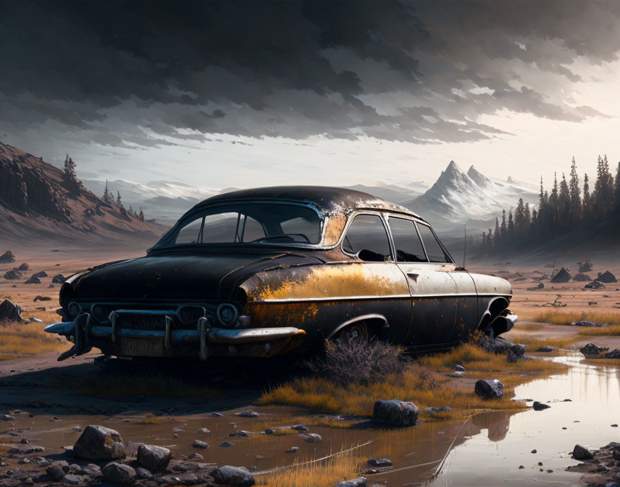 Rusty abandoned car in desolate landscape with mountains and dramatic sky