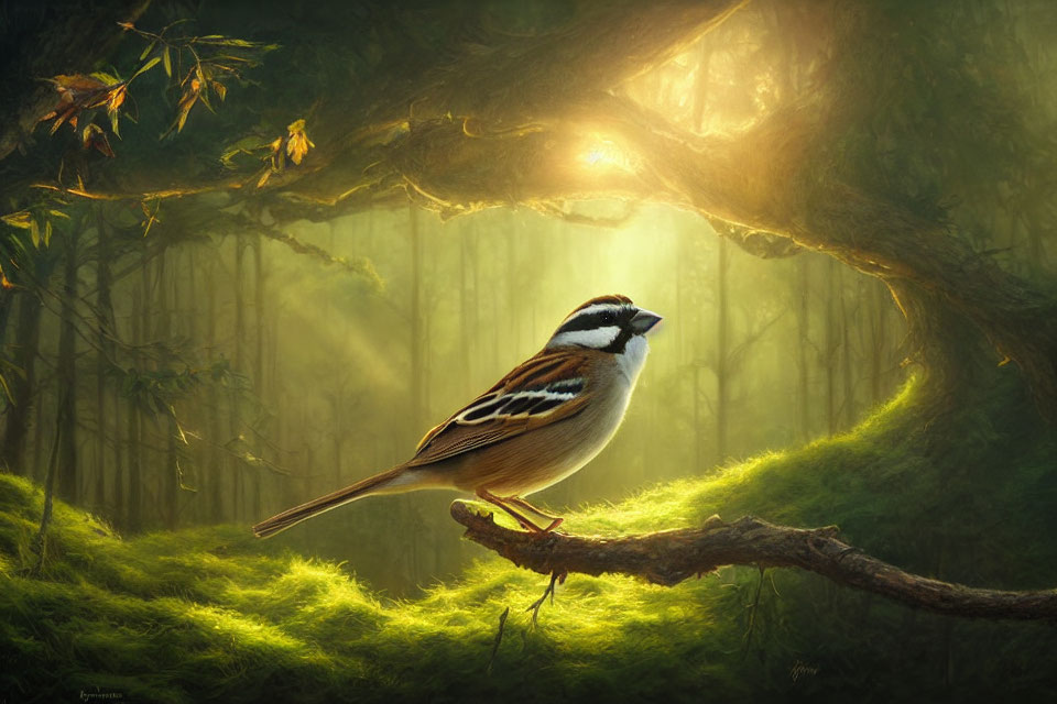 Sparrow on mossy branch in sunlit forest with light beams