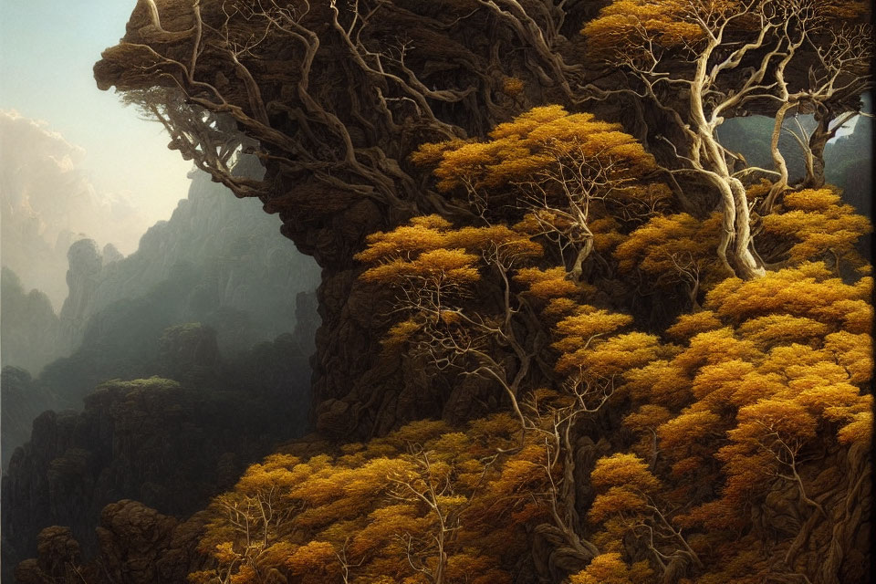 Majestic landscape: Golden-leaved trees on rocky cliffs