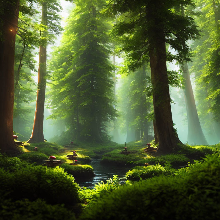Misty forest with tall trees, green foliage, and a stream