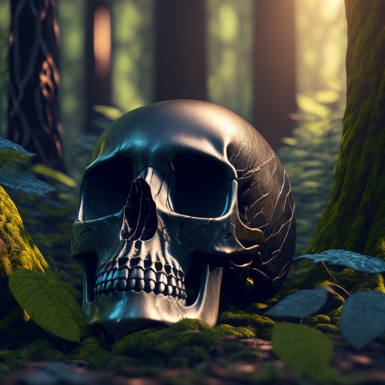 Skull in Forest Foliage with Mystical Light