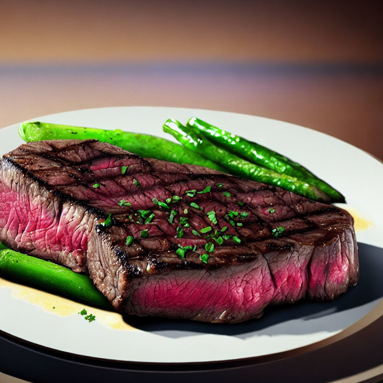 Medium-Rare Steak with Chives and Asparagus on White Plate
