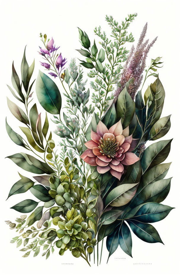 Botanical illustration of green leaves with dusty pink and purple flowers