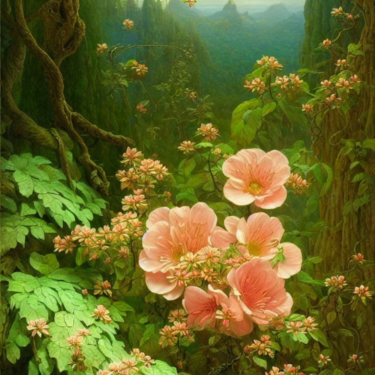 Scenic forest landscape with pink flowers and misty hills