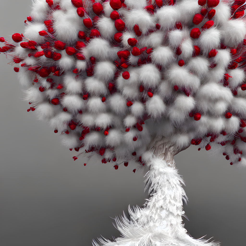 Stylized fluffy white tree with red berries on grey background