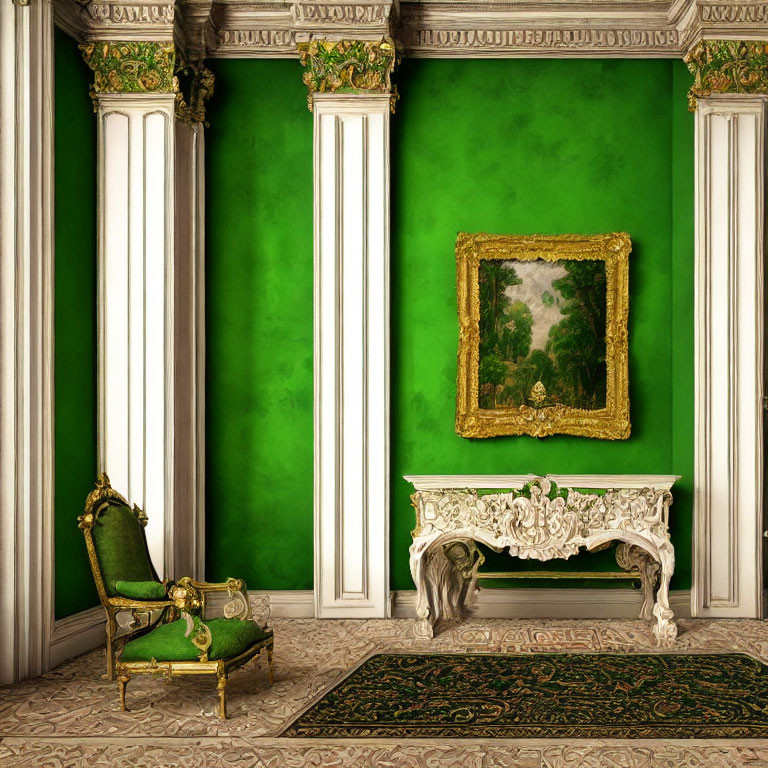 Luxurious Green-themed Room with White Columns, Armchair, Console Table, and Painting