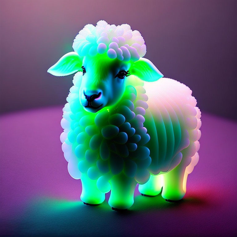 Colorful illuminated sheep figurine in green, blue, and purple gradient hues