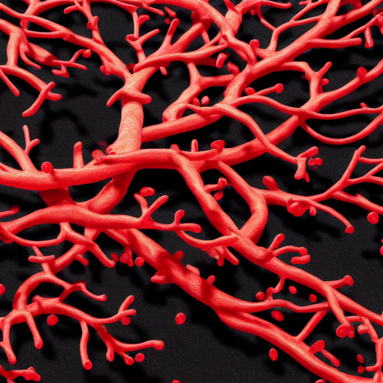Complex 3D Red Blood Vessels Network on Black Background