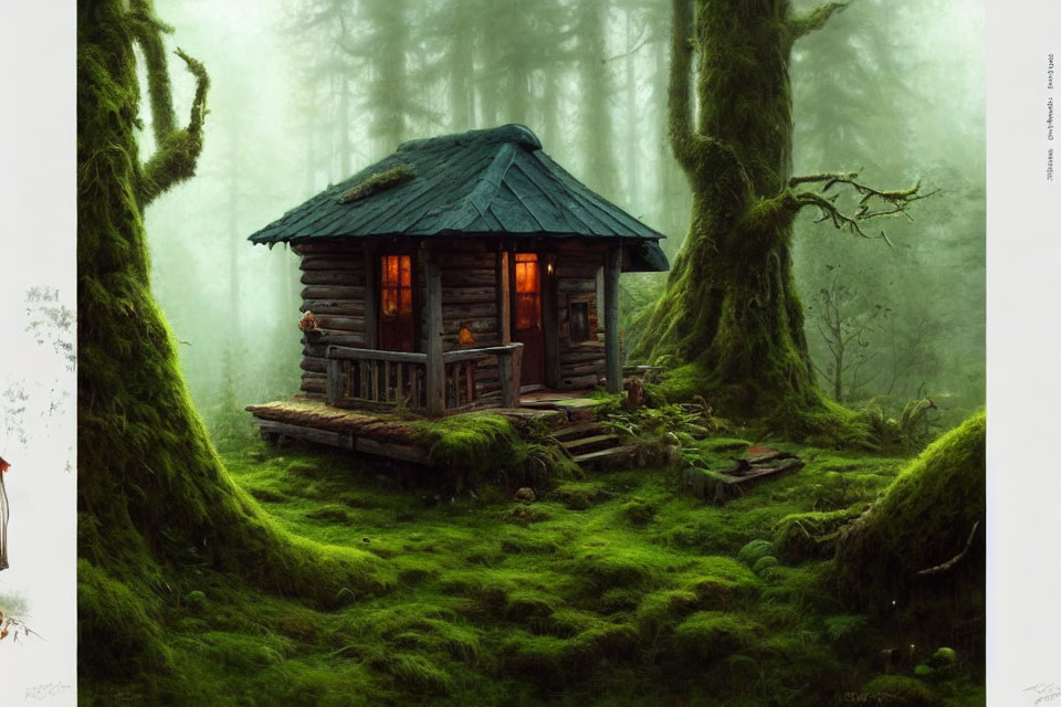 Blue-roofed wooden cabin in moss-covered forest