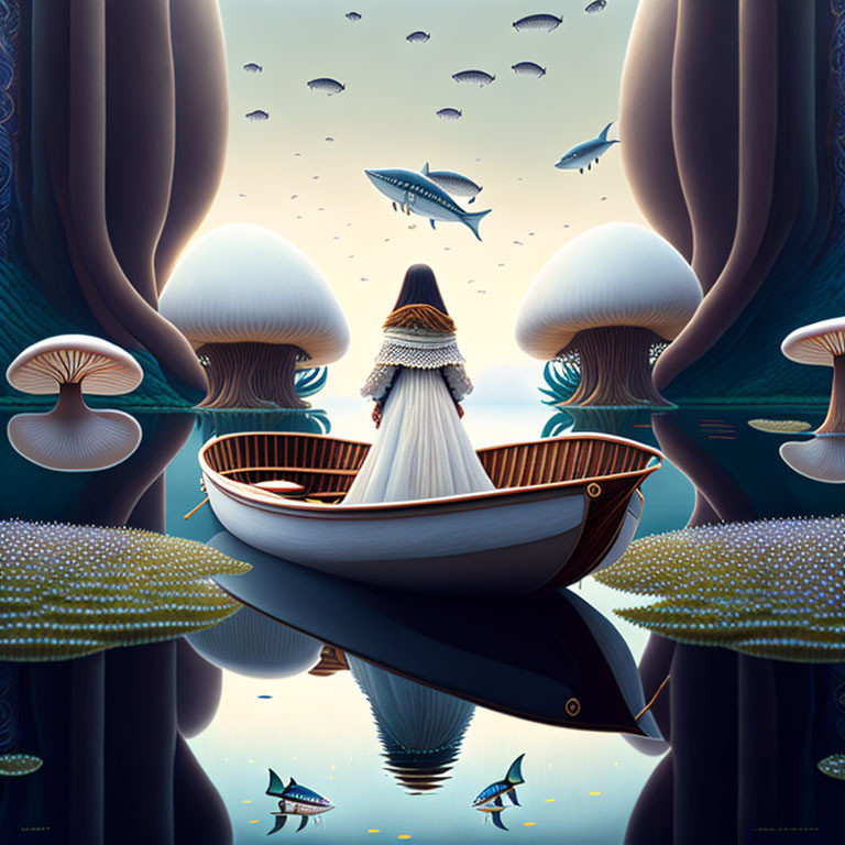 Person in boat surrounded by flying fish and surreal reflections on calm water