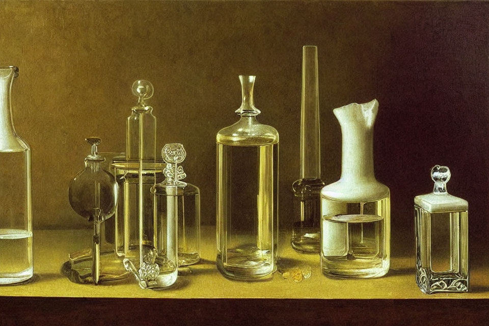 Glass scientific vessels: flasks, beaker, cylinders on flat surface