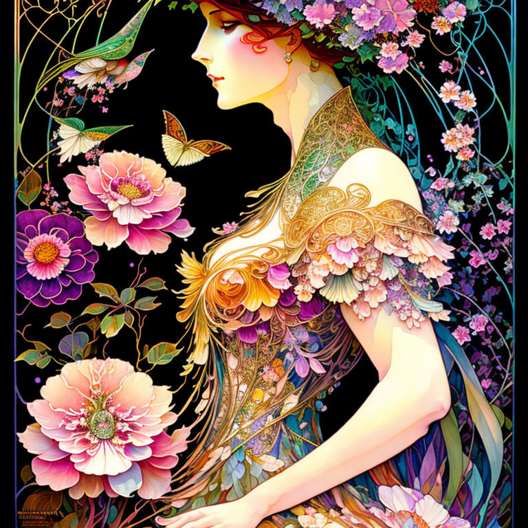 Art Nouveau-style woman with floral patterns and butterflies on dark background