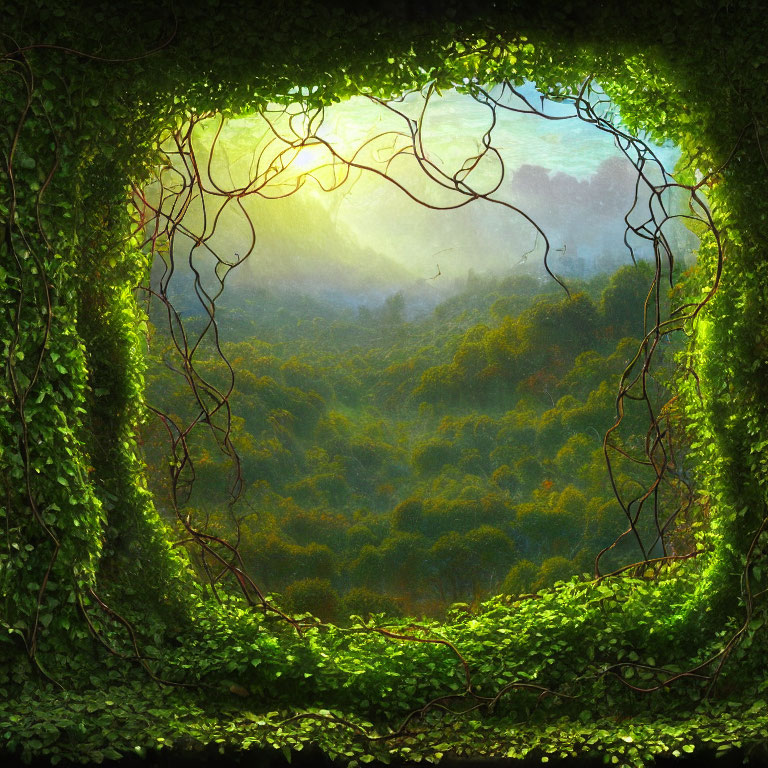 Verdant forest view with entwined vines and sunlight filtering through canopy