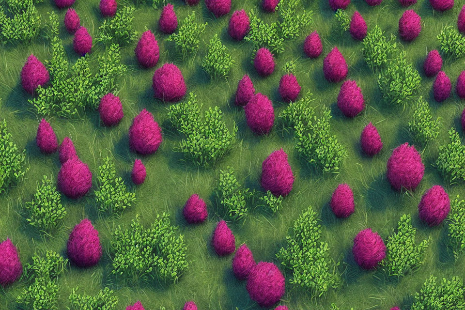 Vibrant Magenta Spherical Bushes on Grass Background