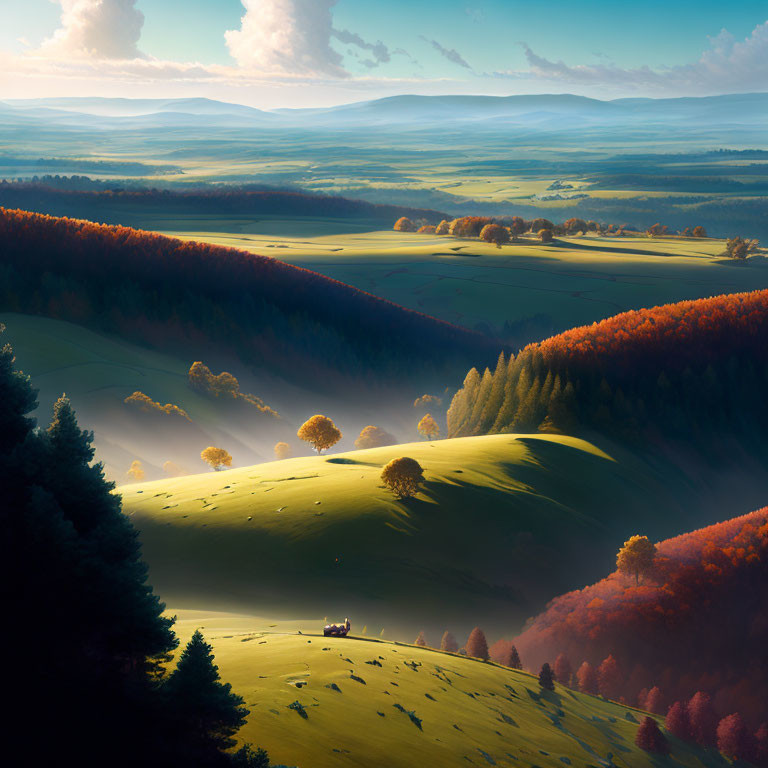 Tranquil landscape with rolling hills, greenery, autumnal trees, and distant animals.