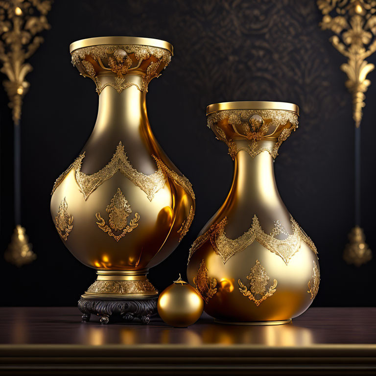 Ornate Golden Vases on Dark Background with Wall Detailing