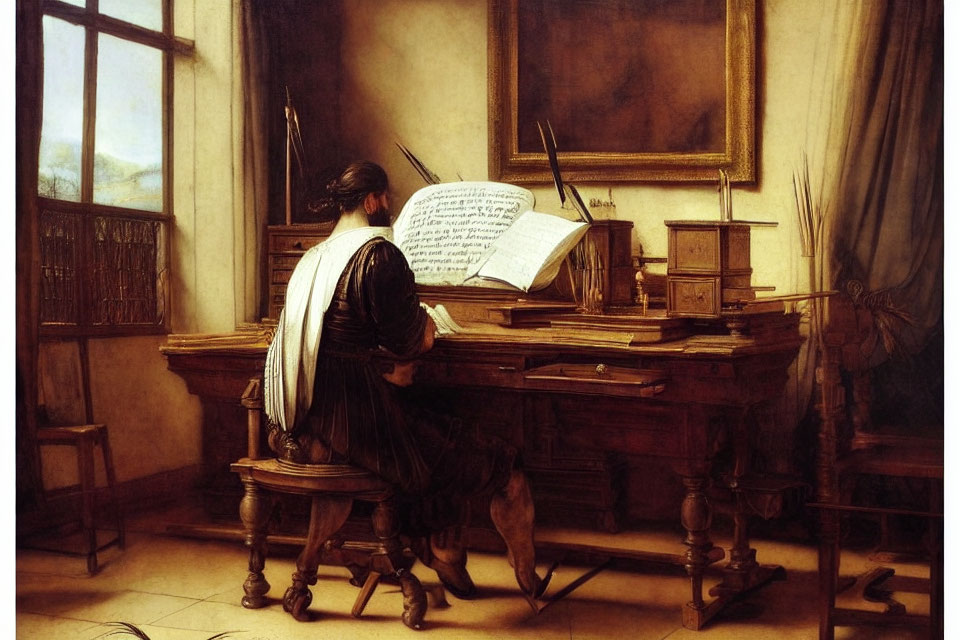 Historical figure at desk with quill in hand surrounded by writing tools