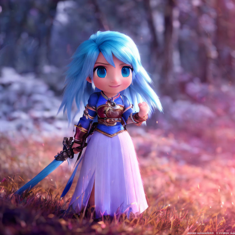 Colorful animated character with blue hair in warrior outfit in magical forest