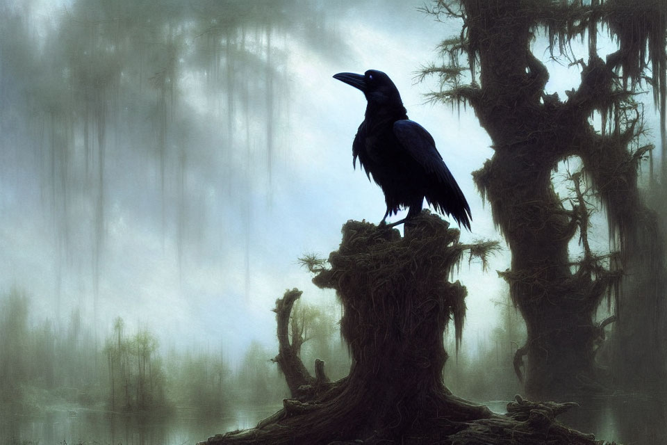 Raven on gnarled tree stump in misty swamp landscape