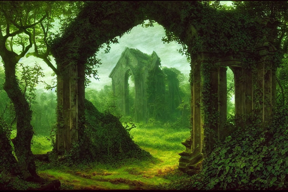 Ancient stone archway in lush green forest ruins