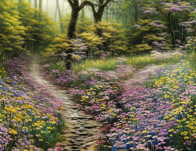 Scenic forest path with colorful flowers and sunlight filtering through trees