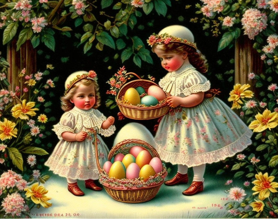 Vintage-Style Illustrated Children in Garden with Easter Eggs
