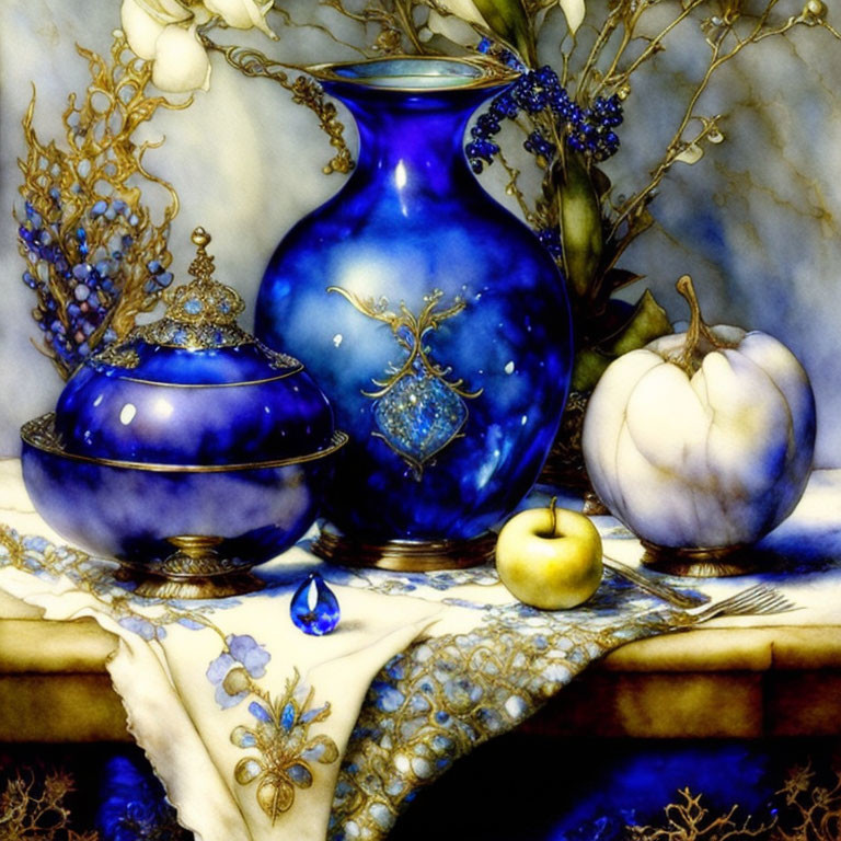 Cobalt Blue Vase, Golden Apple, White Pumpkin Still Life Composition