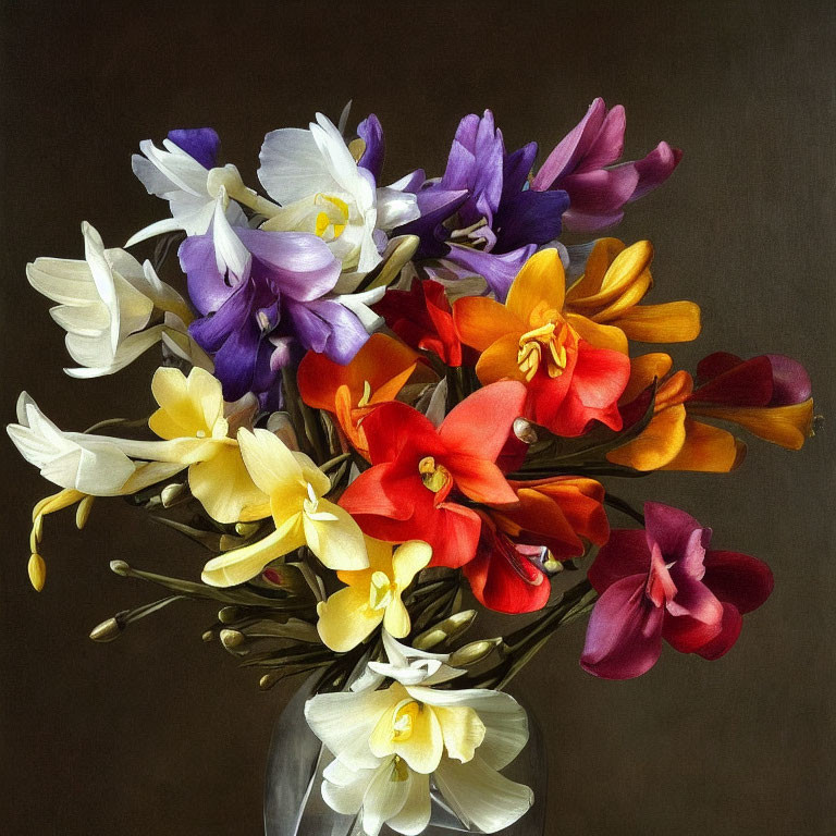 Multicolored Freesia Flowers in Transparent Vase on Dark Background
